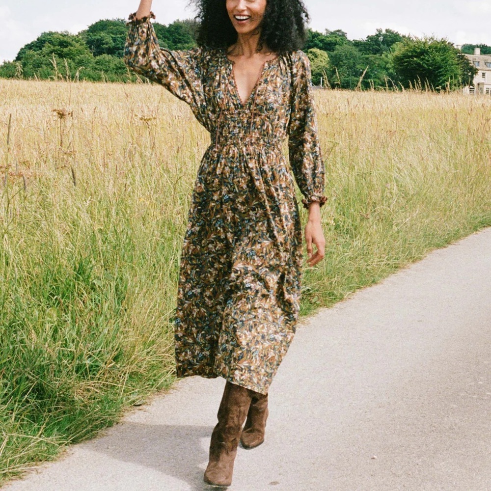 Doen Delfina Brown Floral Midi Dress